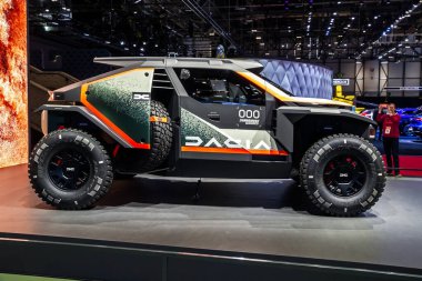 Dacia Sandrider Prodrive Dakar-rally car at the Geneva International Motor Show. Switzerland - Feb 26, 2024. clipart