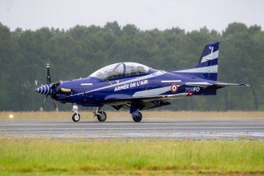 French Air Force Pilatus PC-21 aircraft on the runway of Mont-de-Marsan Air Base. France - May 17, 2019 clipart