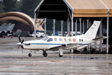 French Air Force Socata TBM 700A turboprop aircraft arriving at Mont-de-Marsan Air Base. France - May 17, 2019 clipart