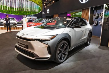 Toyota bZ4X all-electric car at the Brussels Motor Show. Brussels, Belgium - January 10, 2025. clipart