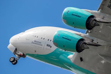 Airbus A380 passenger plane taking off during the Paris Air Show. Le Bourget, France - June 21, 2019 clipart