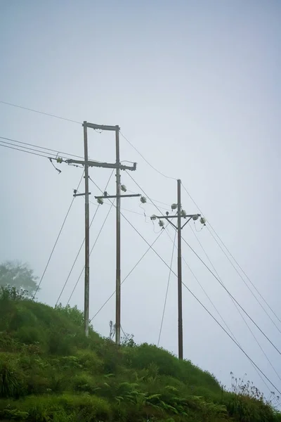 高山林晨景 高压电线塔 在绿色的草地和美丽的晨雾中传输塔 有雾的电线和电塔 — 图库照片