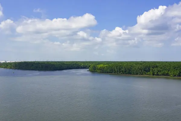 Vue Aérienne Rivière Mangrove Panorama Fluvial Avec Ciel Bleu Nuages — Photo