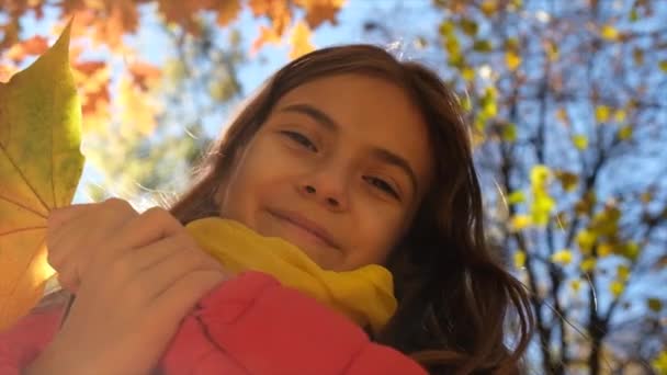 Ein Kind Spielt Mit Herbstblättern Selektiver Fokus Kind — Stockvideo