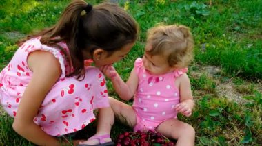 Çocuk bahçede kiraz yiyor. Seçici odaklanma. Çocuk.