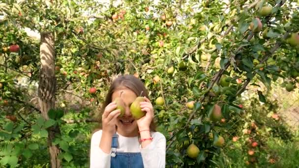 Çocuk Bahçede Armut Topluyor Seçici Odaklanma Yiyecek — Stok video