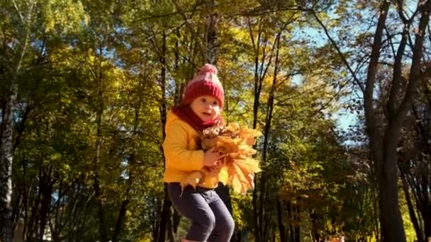 Ein Kind Spielt Mit Herbstblättern Selektiver Fokus Kind — Stockvideo
