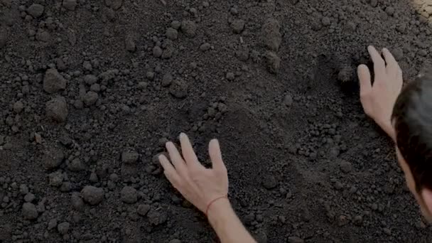 Man Holds Soil His Hands Selective Focus Nature — Stock Video