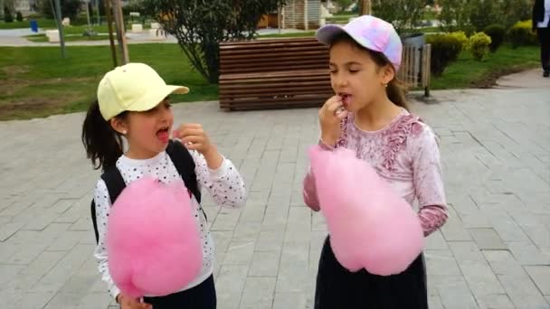 Barn Äter Sockervadd Parken Selektivt Fokus Grabben — Stockvideo