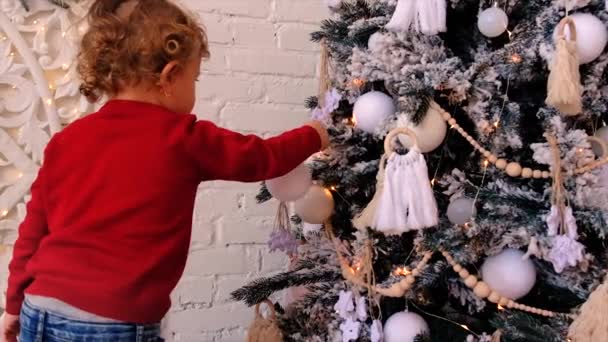 Niño Cuelga Una Decoración Árbol Navidad Enfoque Selectivo Vacaciones — Vídeos de Stock