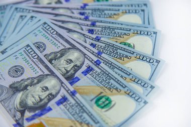 Beyaz arka plandaki dolarlar izole edildi. Seçici odaklanma. Doğa.