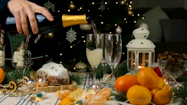 Christmas Man Opens Champagne Selective Focus Holiday — Stock Video