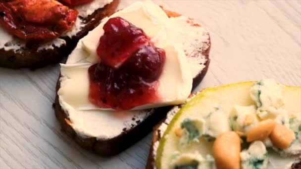 Bruschetta Different Fillings Table Selective Focus Food — Stock Video