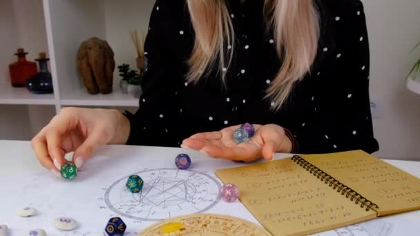 Woman Numerologist Astrologer Counts Numbers Selective Focus People — Stok video