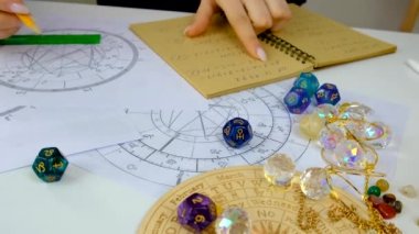 Woman astrologer draws a natal chart. Selective focus. People.