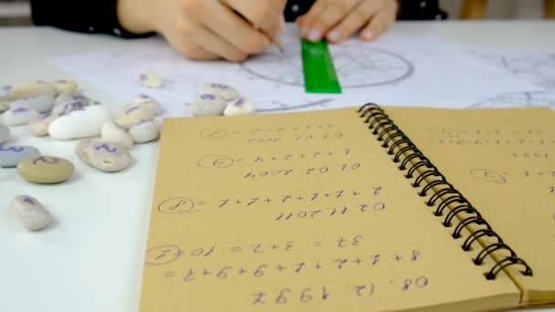 Woman Astrologer Draws Natal Chart Selective Focus People — Video