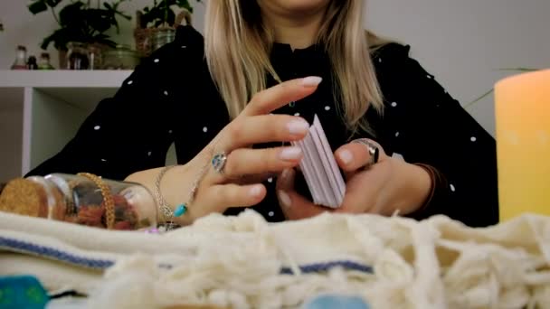 Fortune Teller Woman Reads Tarot Cards Selective Focus Magic — 비디오