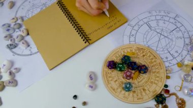 Woman numerologist astrologer counts numbers. Selective focus. People.