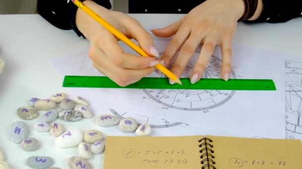 Woman Astrologer Draws Natal Chart Selective Focus People — Stock Video