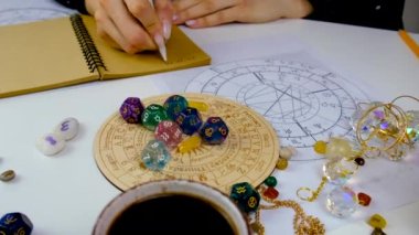 Woman numerologist astrologer counts numbers. Selective focus. People.