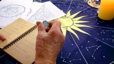 Woman astrologer draws a natal chart. Selective focus. People.