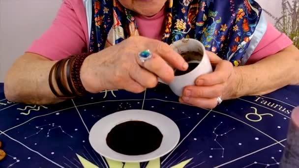 Fortune Teller Reads Fortunes Coffee Grounds Selective Focus Woman — Stock Video