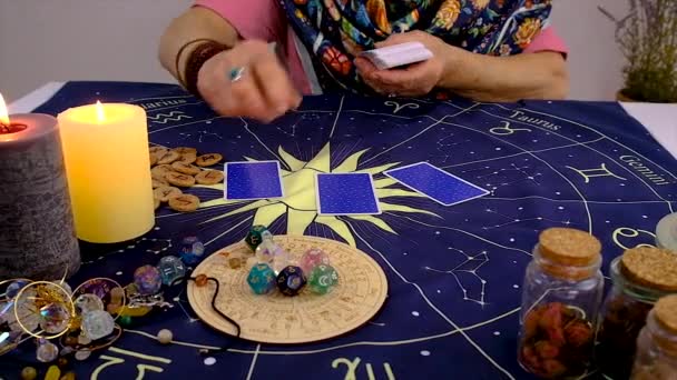 Fortune Teller Woman Reads Tarot Cards Selective Focus Magic — Vídeos de Stock