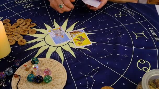 Fortune Teller Woman Reads Tarot Cards Selective Focus Magic — Video Stock