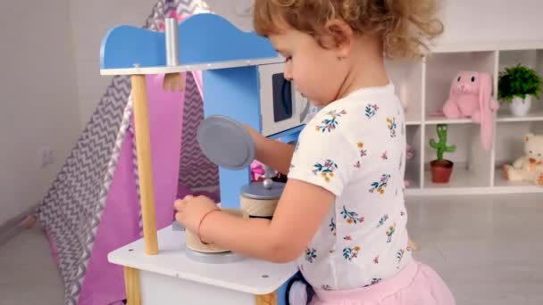 Child Plays Kitchen Cooks Selective Focus Kid — Video