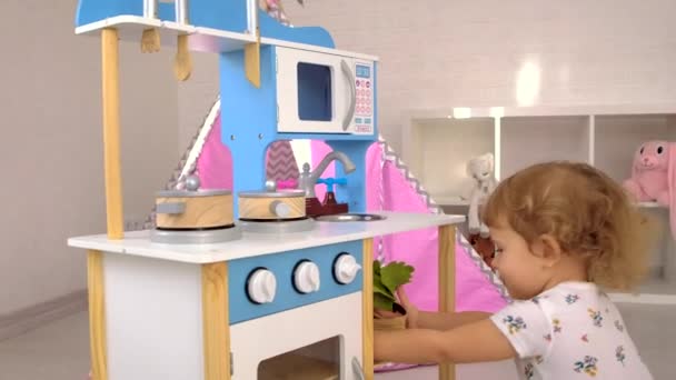 Child Plays Kitchen Cooks Selective Focus Kid — Stockvideo