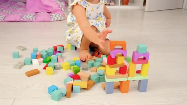 Child Plays Childrens Room Wooden Constructor Selective Focus Kid — ストック動画