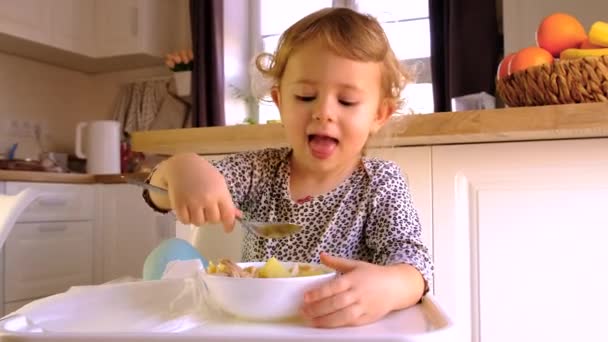 Child Eats Soup Plate Selective Focus Kid — Stockvideo
