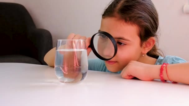 那孩子用放大镜检查水 有选择的重点 — 图库视频影像
