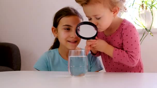 Het Kind Onderzoekt Het Water Met Een Vergrootglas Selectieve Focus — Stockvideo