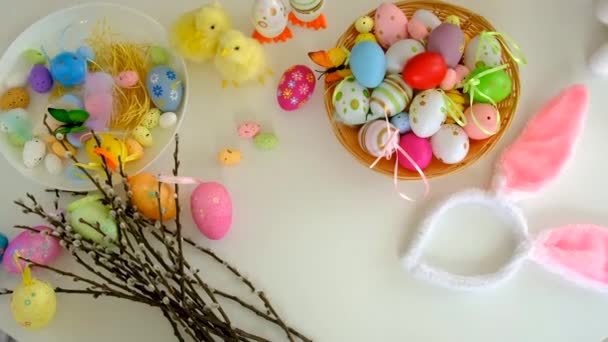 Easter Table Eggs Decor Selective Focus Food — Stock Video