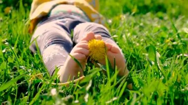 Bahçedeki bir çocuk çiçek açan sarı karahindibanın kokusunu alıyor. Seçici odaklanma. Doğa.