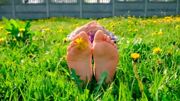 Kind Garten Füße Blühenden Gelben Löwenzahn Selektiver Fokus Natur — Stockvideo