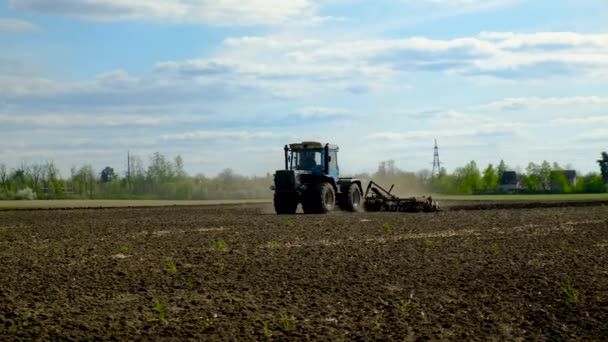 Traktor Poli Obdělává Půdu Selektivní Soustředění Nature — Stock video