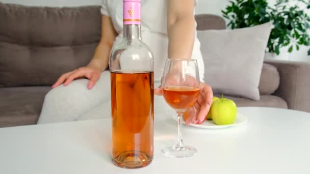 Pregnant Woman Drinks Wine Glass Selective Focus Food — Stock Video