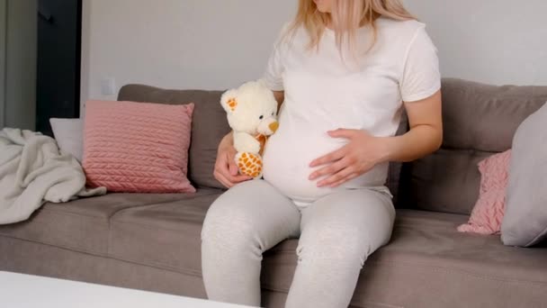 Zwangere Vrouw Witte Teddybeer Selectieve Focus Schattig — Stockvideo
