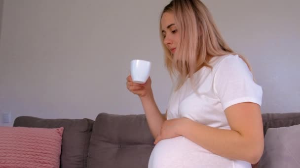 Pregnant Woman Drinking Coffee Home Selective Focus Drink — Stock Video