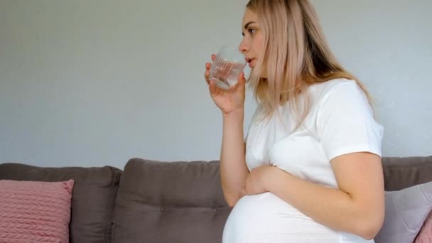 Μια Έγκυος Γυναίκα Πίνει Νερό Επιλεκτική Εστίαση Χαριτωμένο — Αρχείο Βίντεο