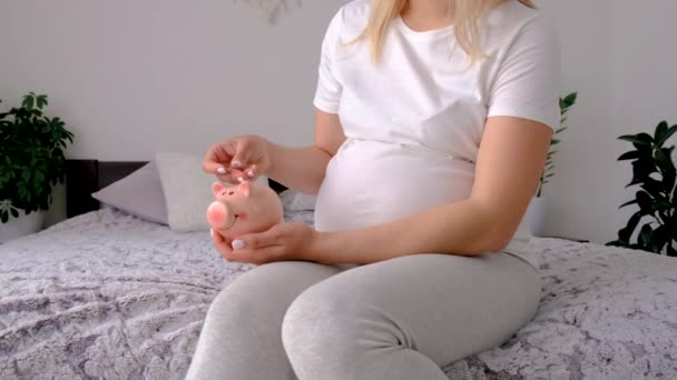 Una Mujer Embarazada Tiene Banco Cerdos Sus Manos Enfoque Selectivo — Vídeo de stock