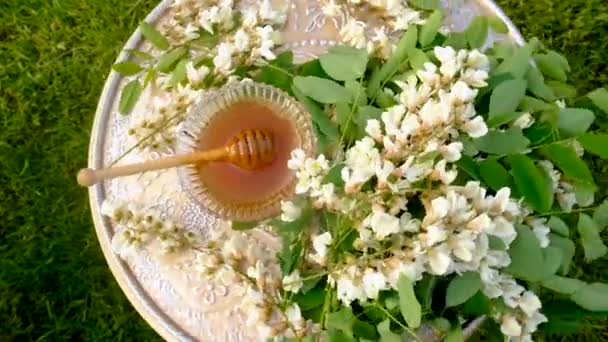 Honig Aus Akazien Garten Selektiver Fokus Lebensmittel — Stockvideo