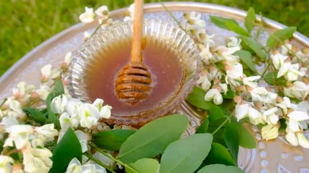 Honig Aus Akazien Garten Selektiver Fokus Lebensmittel — Stockvideo