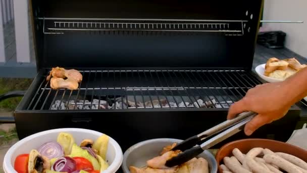 Barbecue Meat Vegetables Fried Grill Selective Focus Food — Stock Video