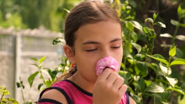 Dítě Alergické Květiny Selektivní Soustředění Příroda — Stock video