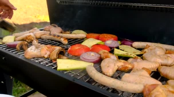 Viande Les Légumes Barbecue Sont Frits Sur Grille Concentration Sélective — Video