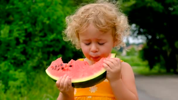 Child Eats Watermelon Summer Selective Focus Kid — ストック動画
