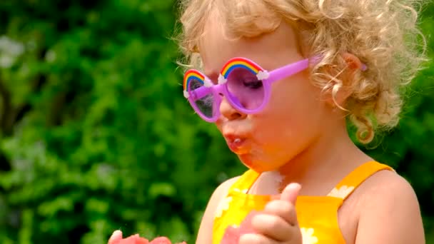 Child Eats Watermelon Summer Selective Focus Kid — Stok video